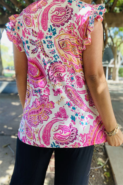 BQ15642 Paisley multi color printed short sleeve/ruffle V-neckline women tops