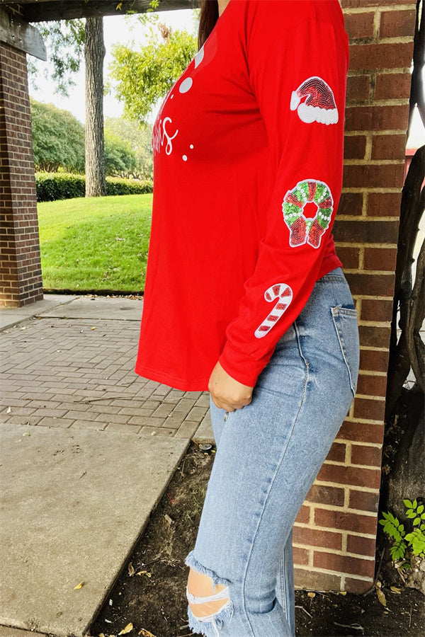 XCH15628 "Merry Christmas"white words printed long sleeve w/sequin Christmas accessories Patches women red tops