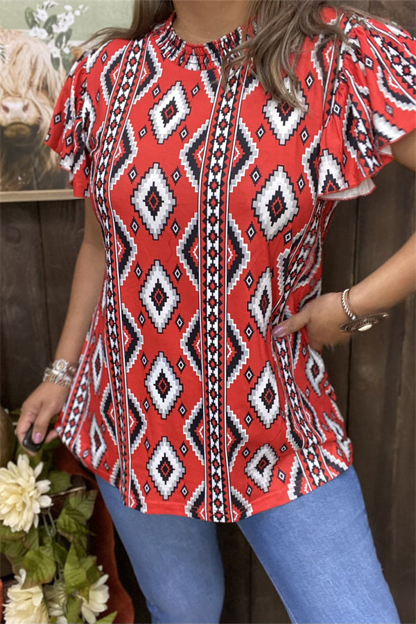 GJQ15634 Aztec multi color printed ruffle short sleeve women tops