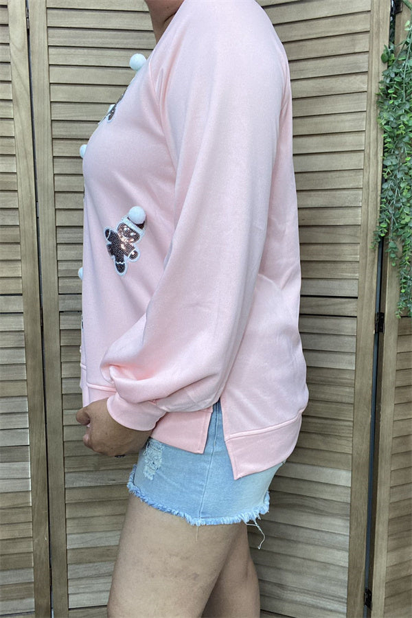 XCH15220 Santa Claus sequin patch in the baby pink solid color long sleeve cardigan design women blouse