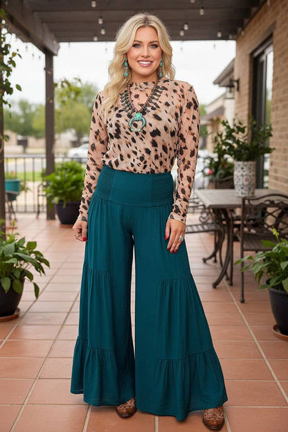 Western teal tiered wide leg women's boutique pant Southern Stitch XCH17474