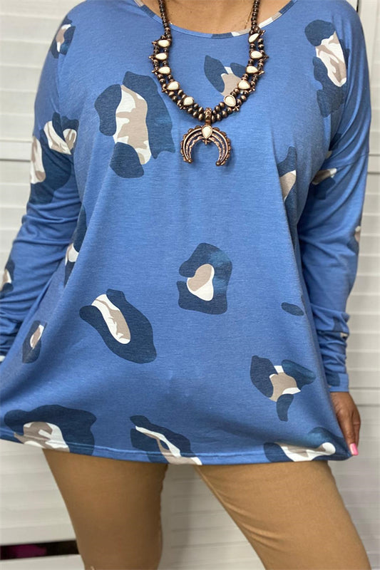 GJQ14724 Blue leopard long sleeve women blouse