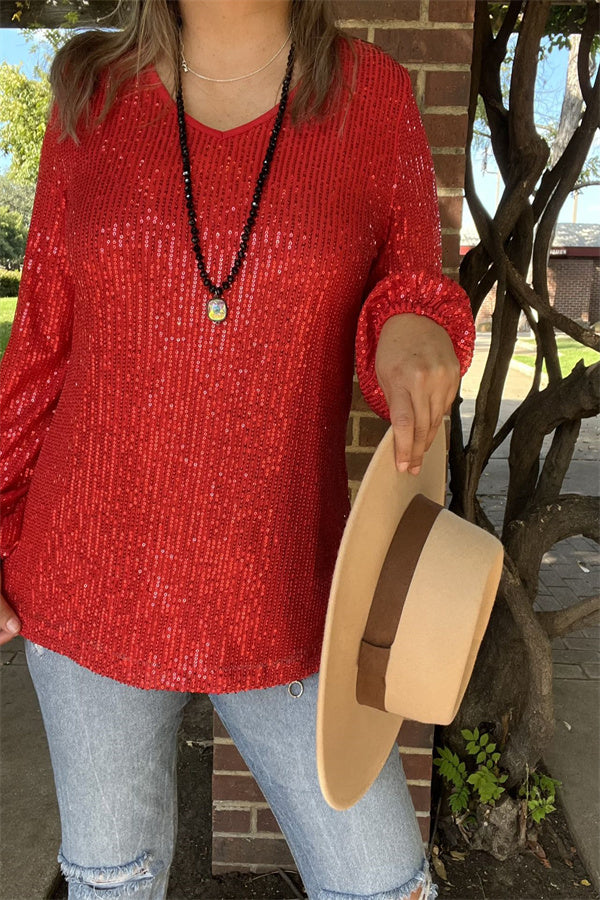 XCH15795 Sequin long sleeve women tops w/red lining