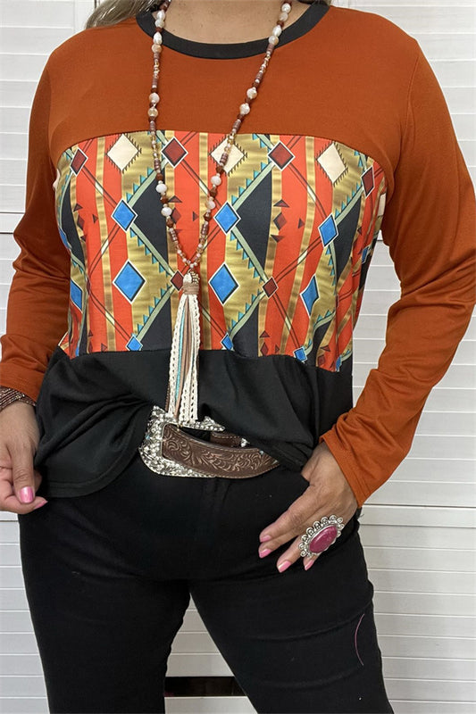 YMY9809 Rust Aztec color block long sleeve top