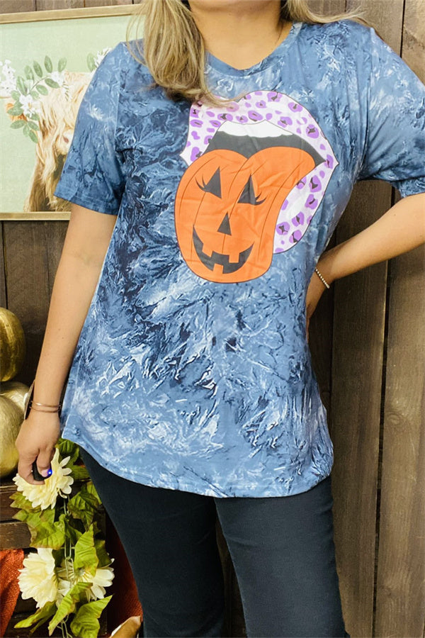 DLH10080 Spooky tongue&mouth tie-dye blue short sleeve women tops IS5