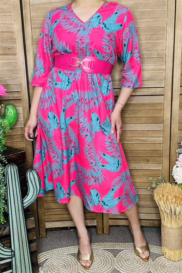 GJQ15990 Mint leaves printed the fuchsia women dress short sleeve w/side pockets &elastic waist band