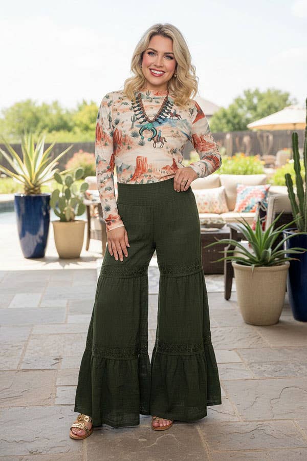 Western solid green wide leg women's boutique pant w/lace trim Southern Stitch XCH17317