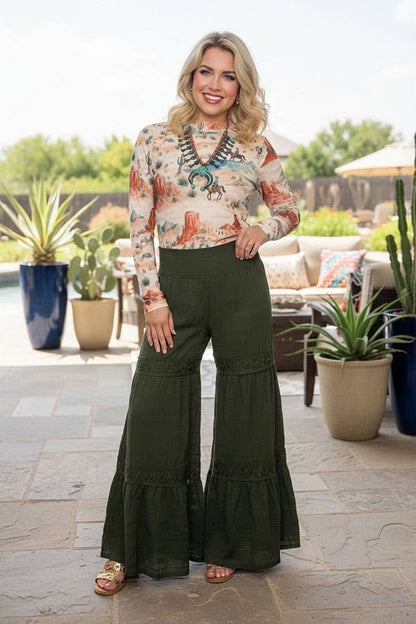 Western solid green wide leg women's boutique pant w/lace trim Southern Stitch XCH17317