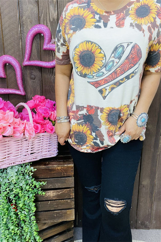 DLH12411 Sunflower & Jewel & Paisley hearts print short sleeve top