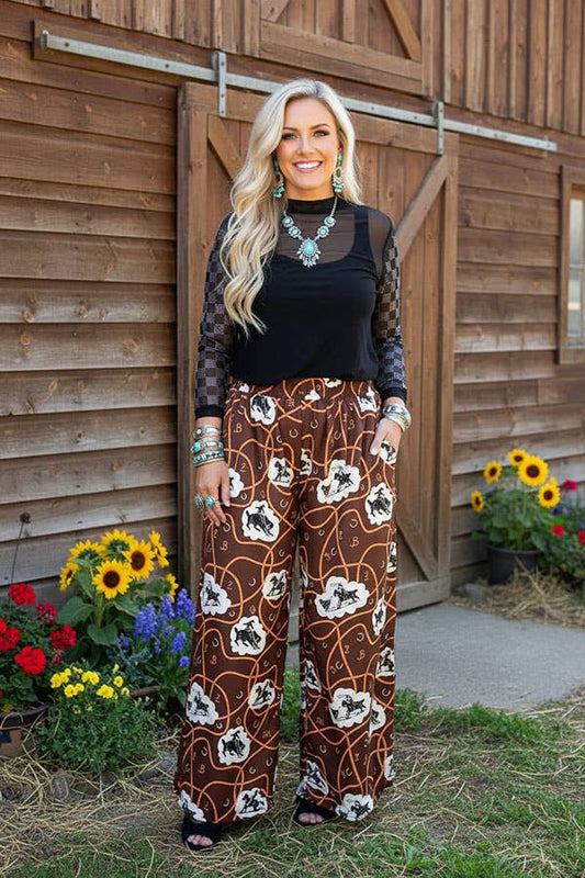 Southern Stitch Western Rodeo print wide leg women's pant XCH16982