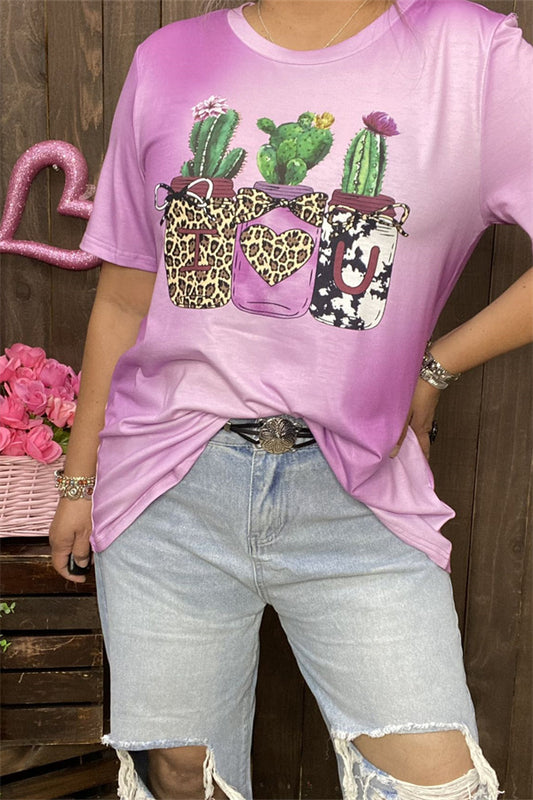 XCH14540 Cactus leopard printed purple short sleeve women top