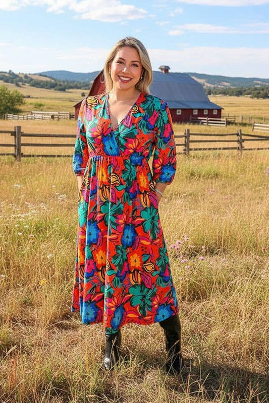 Orange & Blue & Fuchsia flower printed 3/4 sleeves women dress GJQ16289