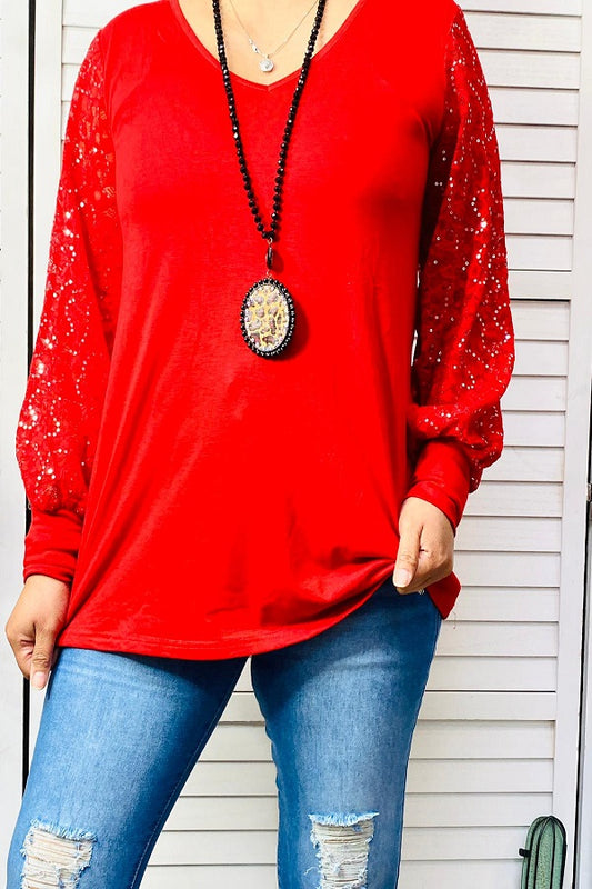 BQ14110-2 Red women top w/lace sleeves and v-neckline