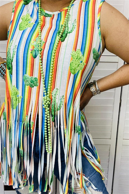 GJQ9702 Multi color printed striped & cactus printed tank top w/fringe tassels