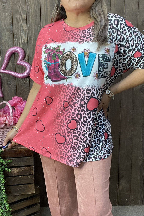 XCH14525 Boots & leopard & cow LOVE graphic hearts printed women top