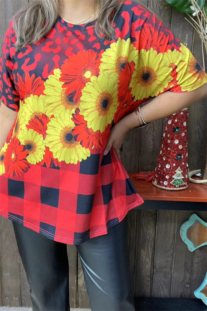 XCH13826 Plaid daisy flower red/yellow/black printed short sleeve women tops