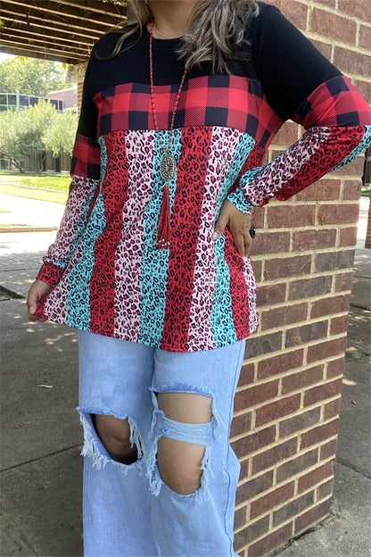 BQ14014 Black/red checked &colorful leopard block black printed long sleeve women tops