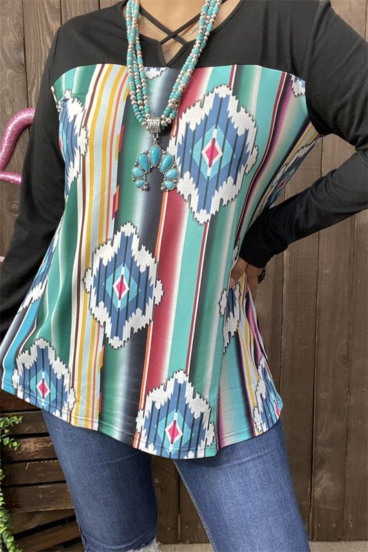 GJQ9857 Aztec teal multi color printed black long sleeve top w/cross cross neckline (ES11)