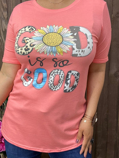 DLH12610 "GD IS SO GOOD"sunflower &leopard multi color printed in coral background cs9