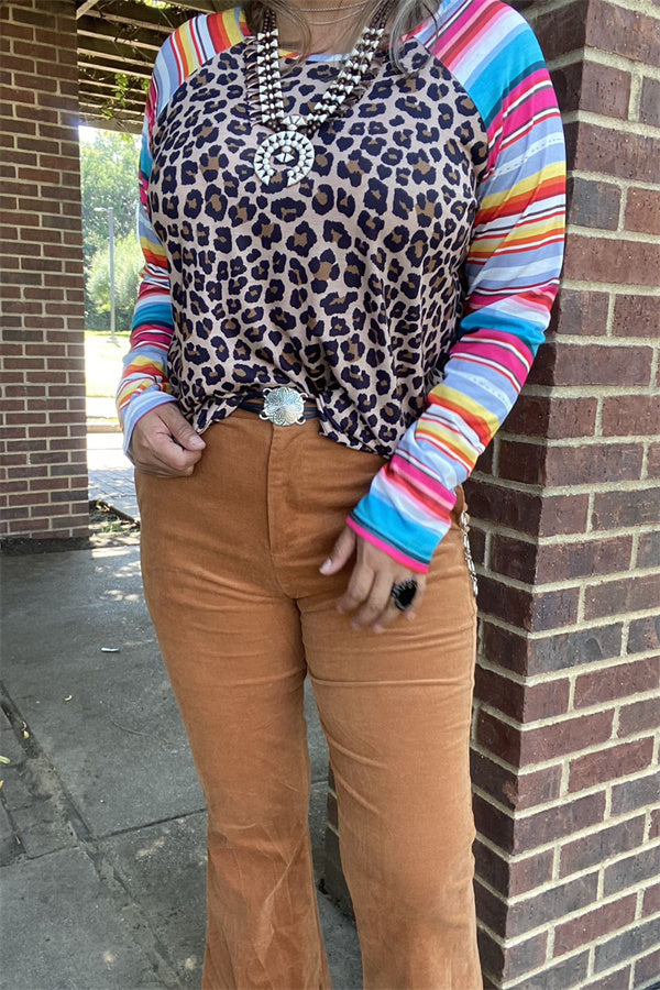 YMY9824 Leopard printed top w/serape multi color sleeves