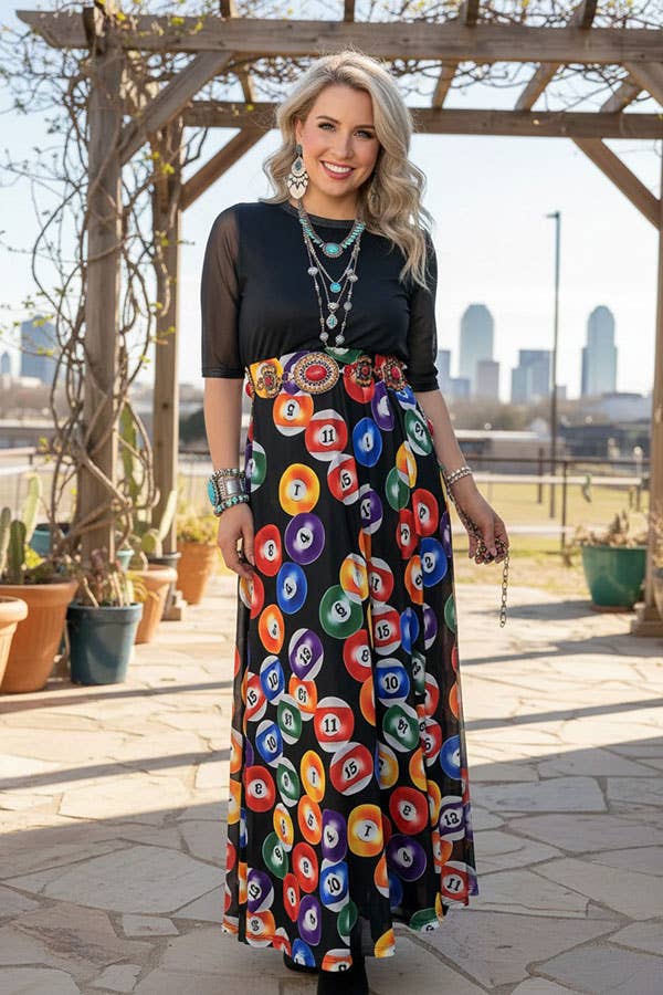 Western black & billiard balls print mesh maxi women boutique dress Southern Stitch XCH17104