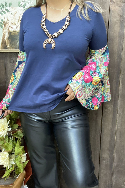 GJQ12917 Blue blouse w/floral printed bell sleeves