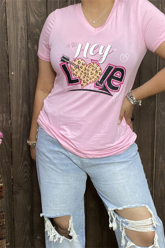 DLH8995 HEY LOVE Pink printed short sleeve t-shirt