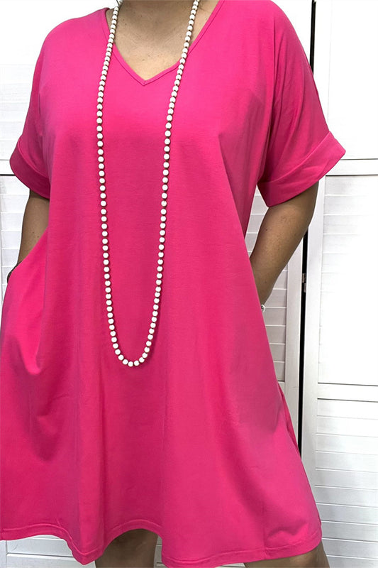 GJQ14591-1 Hot-pink women dress with short sleeve and v-neckline