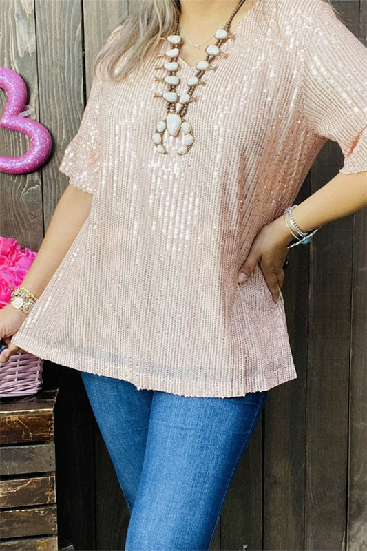 XCH15277-1 Pink sequin w/ruffle short sleeve women top(ES10)