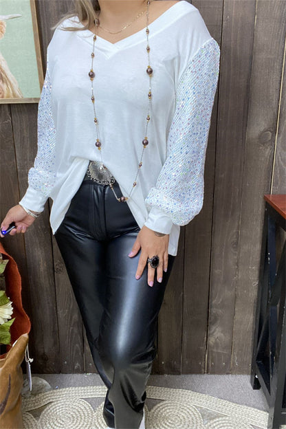 XCH15149 Sequin long sleeve w/tighten cuff white women tops