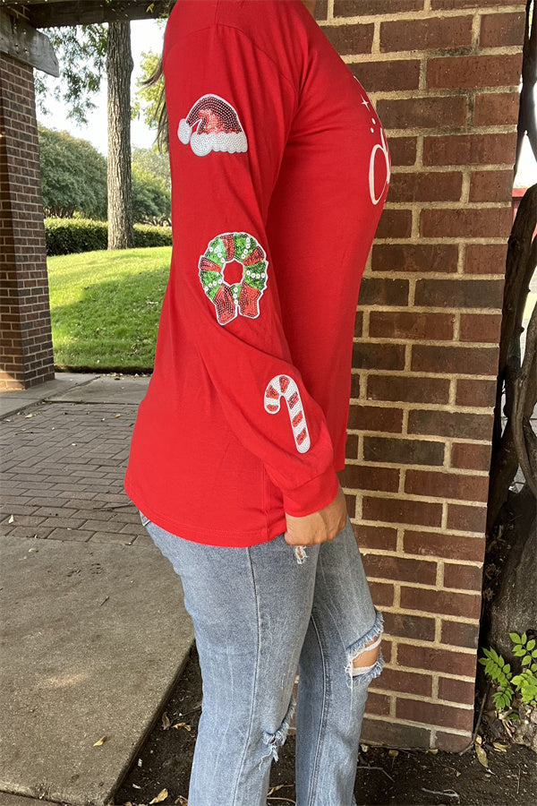 XCH15628 "Merry Christmas"white words printed long sleeve w/sequin Christmas accessories Patches women red tops