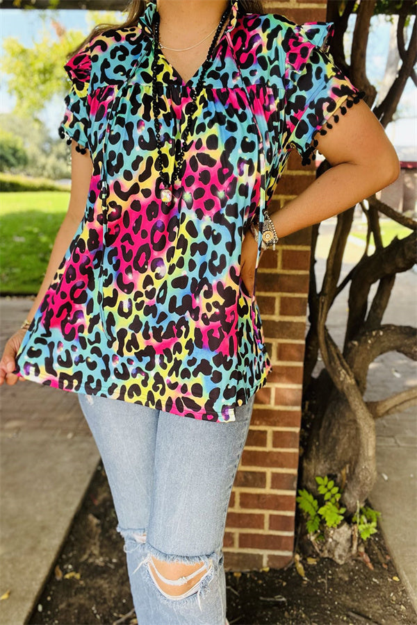 BQ15644 Multi color leopard printed double ruffle/black pompom short sleeve &ruffle neckline women tops