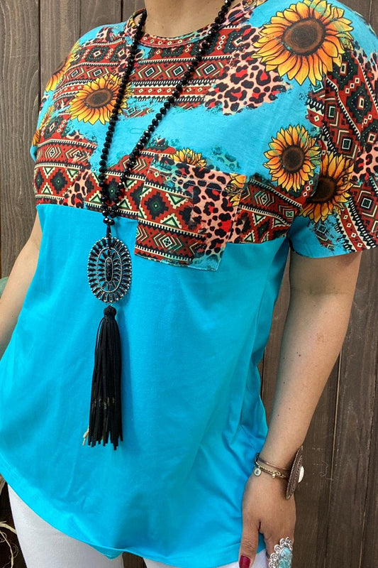 XCH12481 Sunflower &amp;Aztec multi color printed turquoise short sleeves women tops
