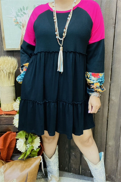 Fuchsia & Black & Western printed raglan long sleeve women dress BQ13811
