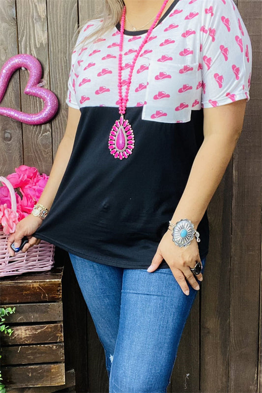 DLH9954 Pink hats block black printed short sleeve with front pocket women tops