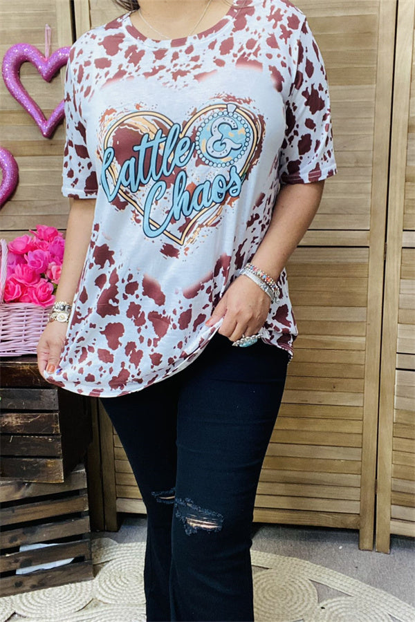 DLH12594 heart&brown leopard printed short sleeve women top