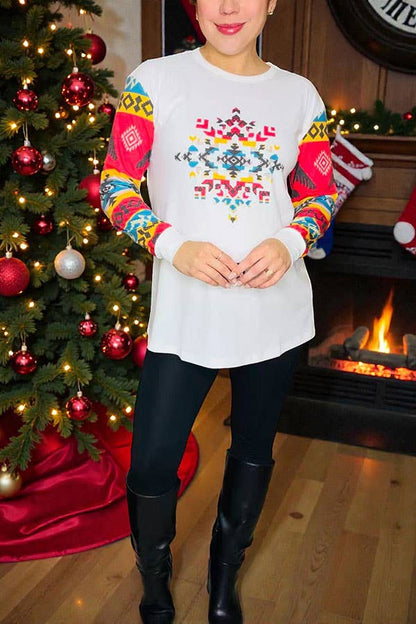 White & Aztec printed long sleeve top for women XCH11933