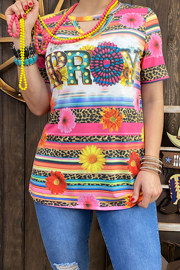 XCH13042 PRAY serape jewel printed short sleeve top w/key whole neckline