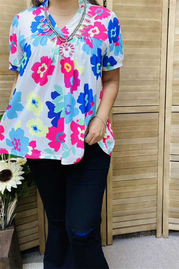 XCH15792 Blue/pink multi color printed sunflower short sleeve women tops w/v-neckline