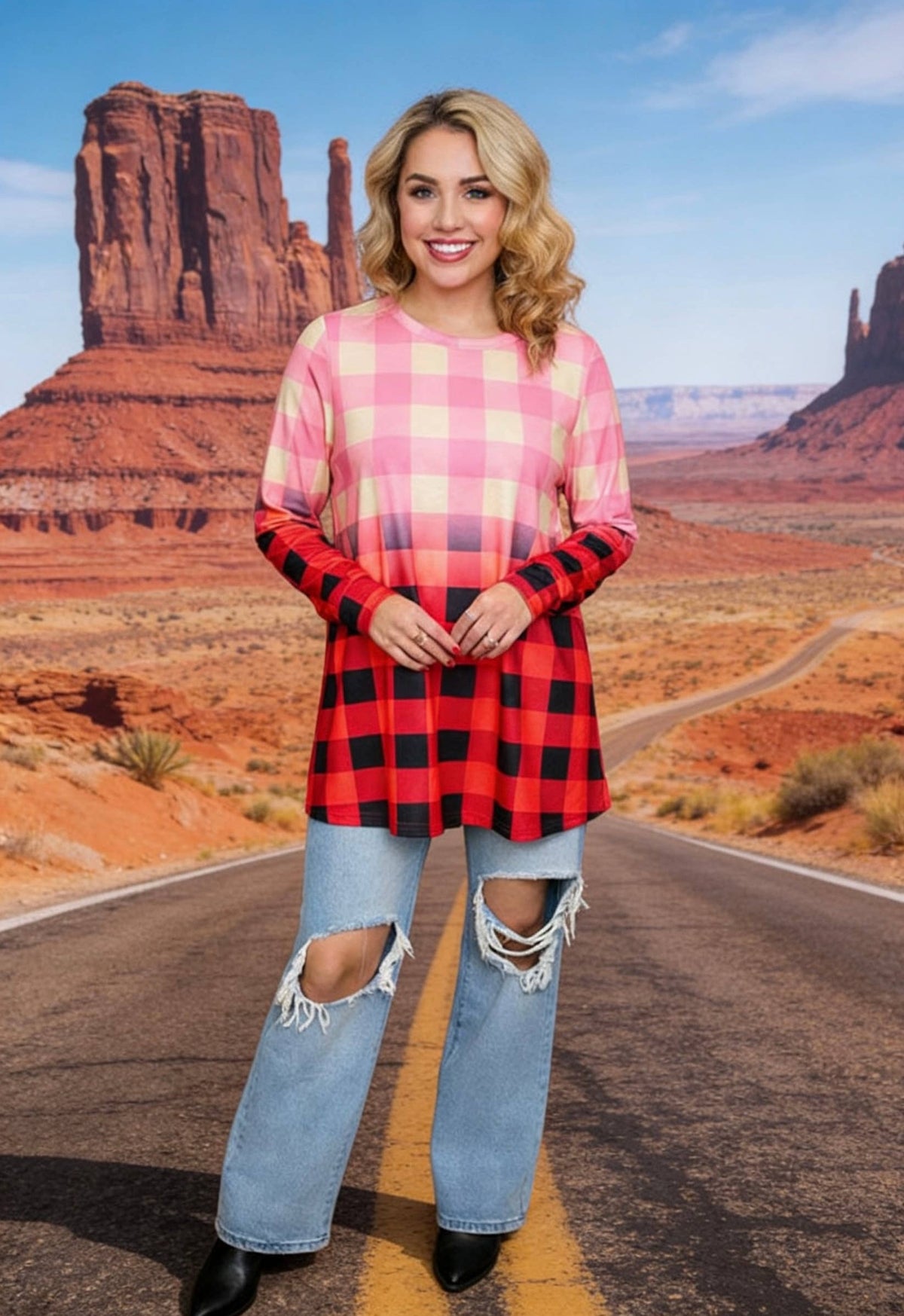 Christmas Buffalo plaid ombre long sleeve women top XCH12087