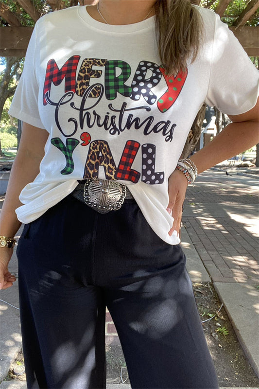 XCH15730 "MERRY Christmas Y'ALL "multi color printed for Christmas holiday short sleeve white women t-shirt/tops