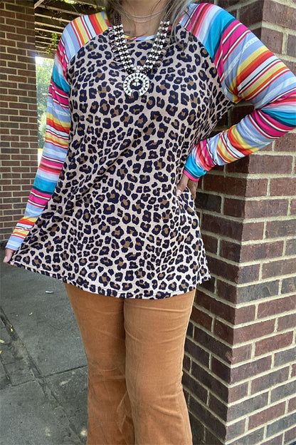 YMY9824 Leopard printed top w/serape multi color sleeves