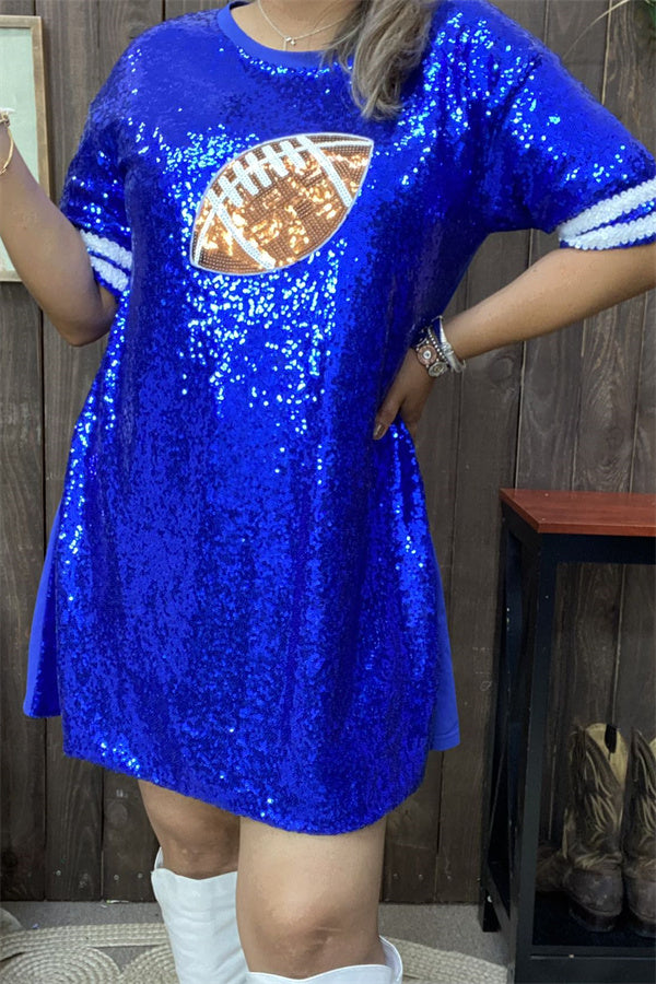 XCH15253 Blue sequin w/tan color football short sleeve women dresses