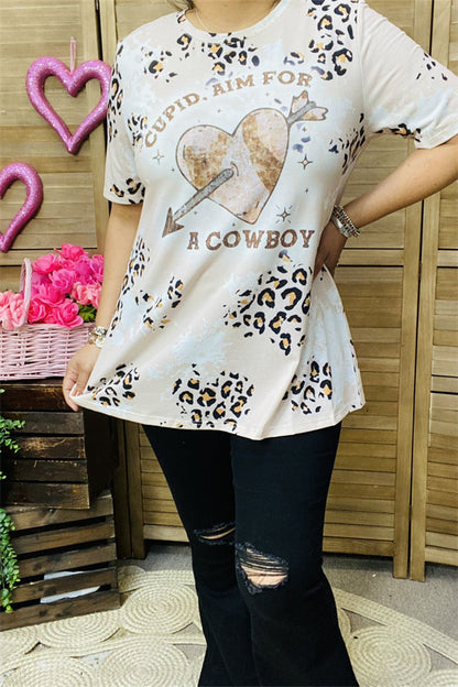 XCH14648 A COWBOY heart & arrow leopard printed short sleeve top