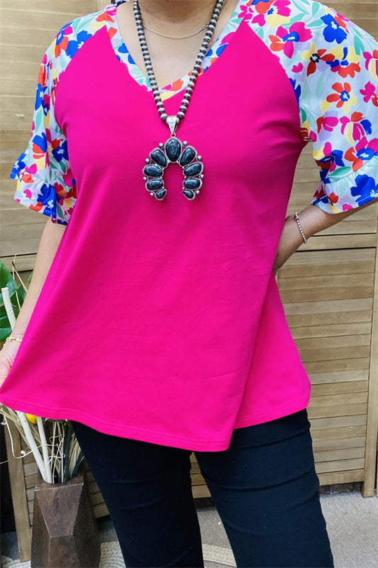 XCH15847 Multi color floral printed short sleeve/ruffle V-neckline women fuchsia tops