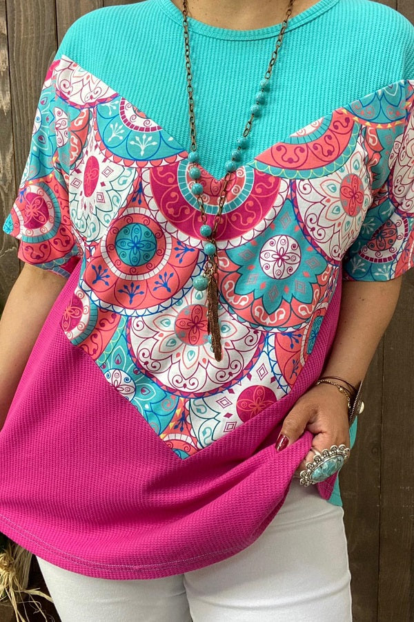 XCH14712 Turquoise and Fuchsia block&floral multi color printed short sleeves women tops