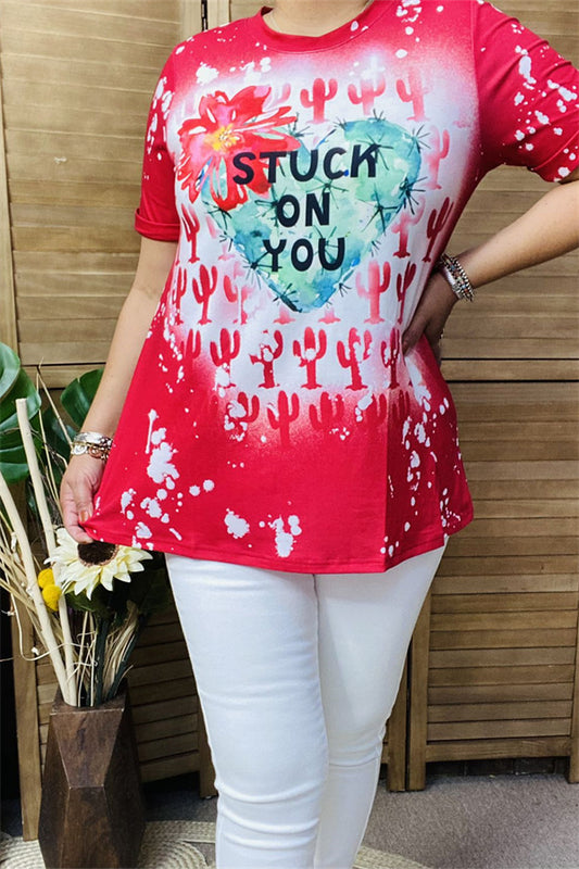 XCH14652 STUCK ON YOU Cactus&Heart red multi color printed short sleeve women tops