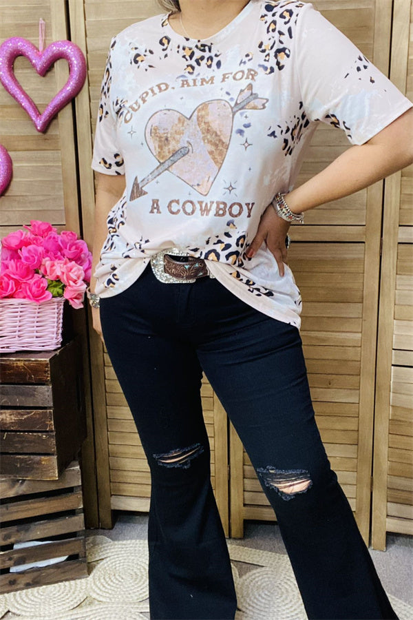 XCH14648 A COWBOY heart & arrow leopard printed short sleeve top