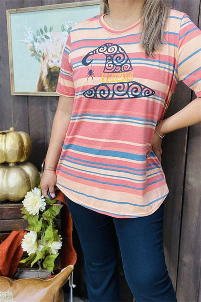 DLH9960 Black witch hat&eye printed colorful strip short sleeve women tops