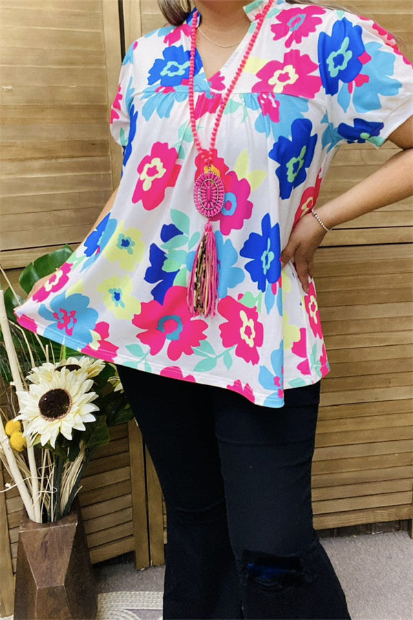 XCH15792 Blue/pink multi color printed sunflower short sleeve women tops w/v-neckline